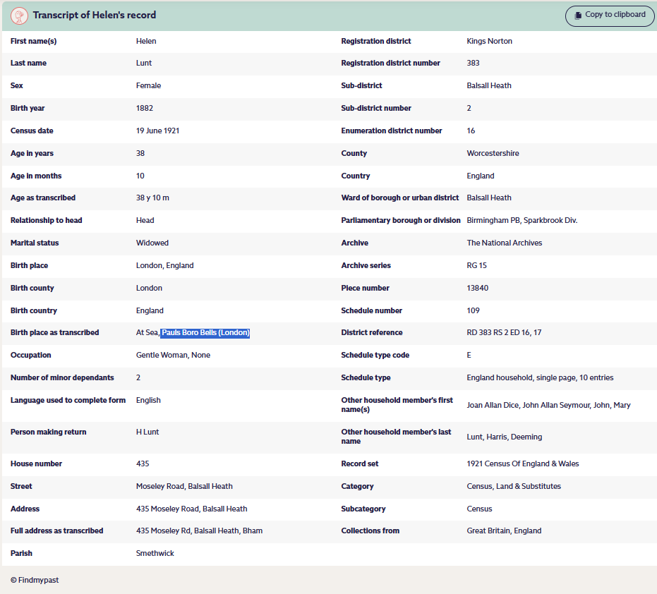 1921 Census transcription Helen Lunt page 2